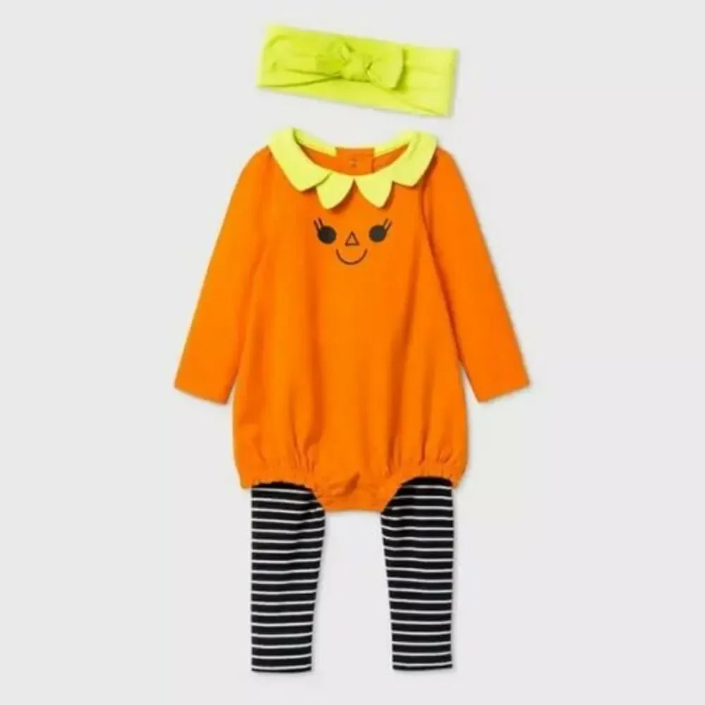 Baby Girls' 3pc Pumpkin Top Pants Headband Set Cat & Jack Orange 3-6M‎ Outfit